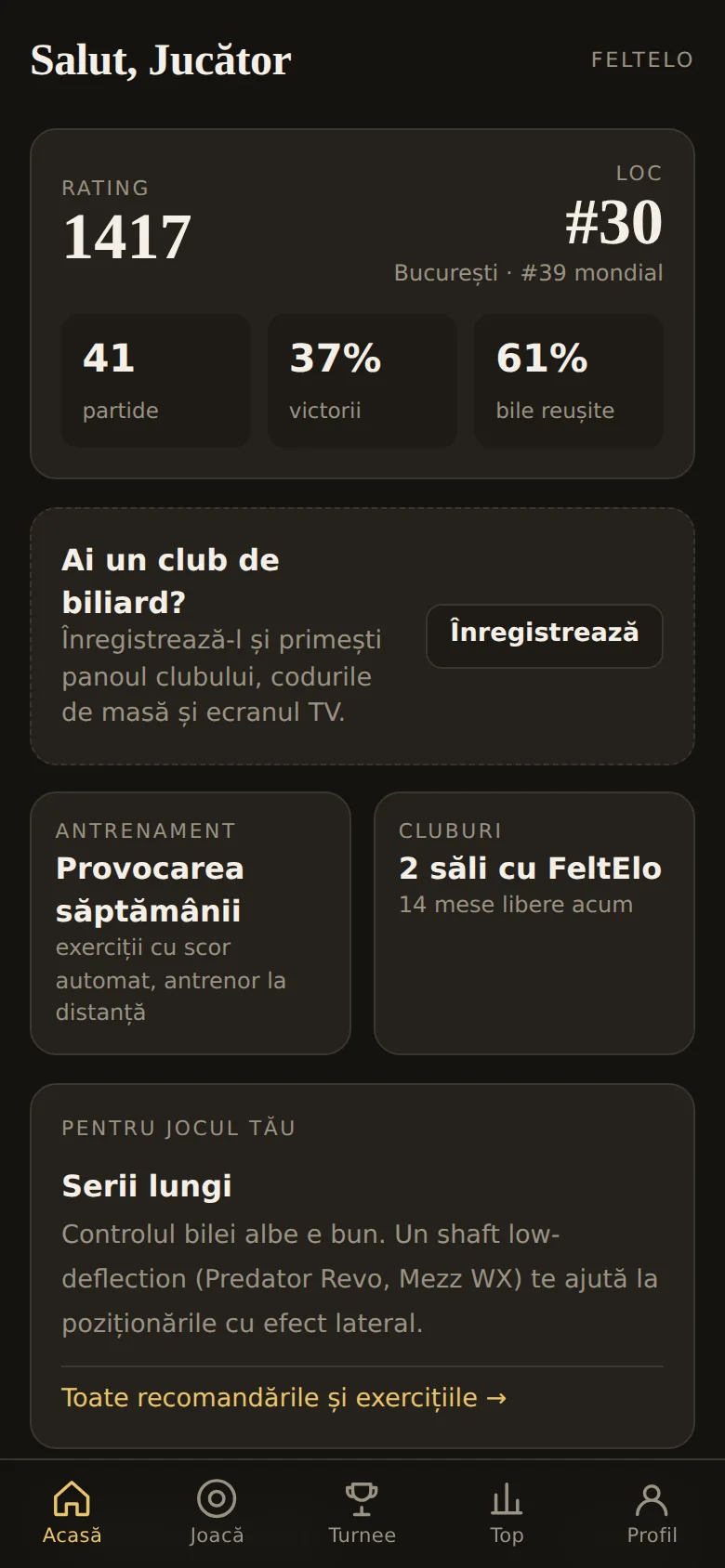 Ecranul principal al aplicației FeltElo